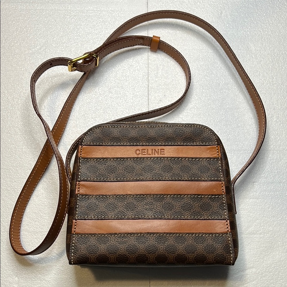 CELINE Brown Geometric Pattern Crossbody Bag with Adjustable Strap